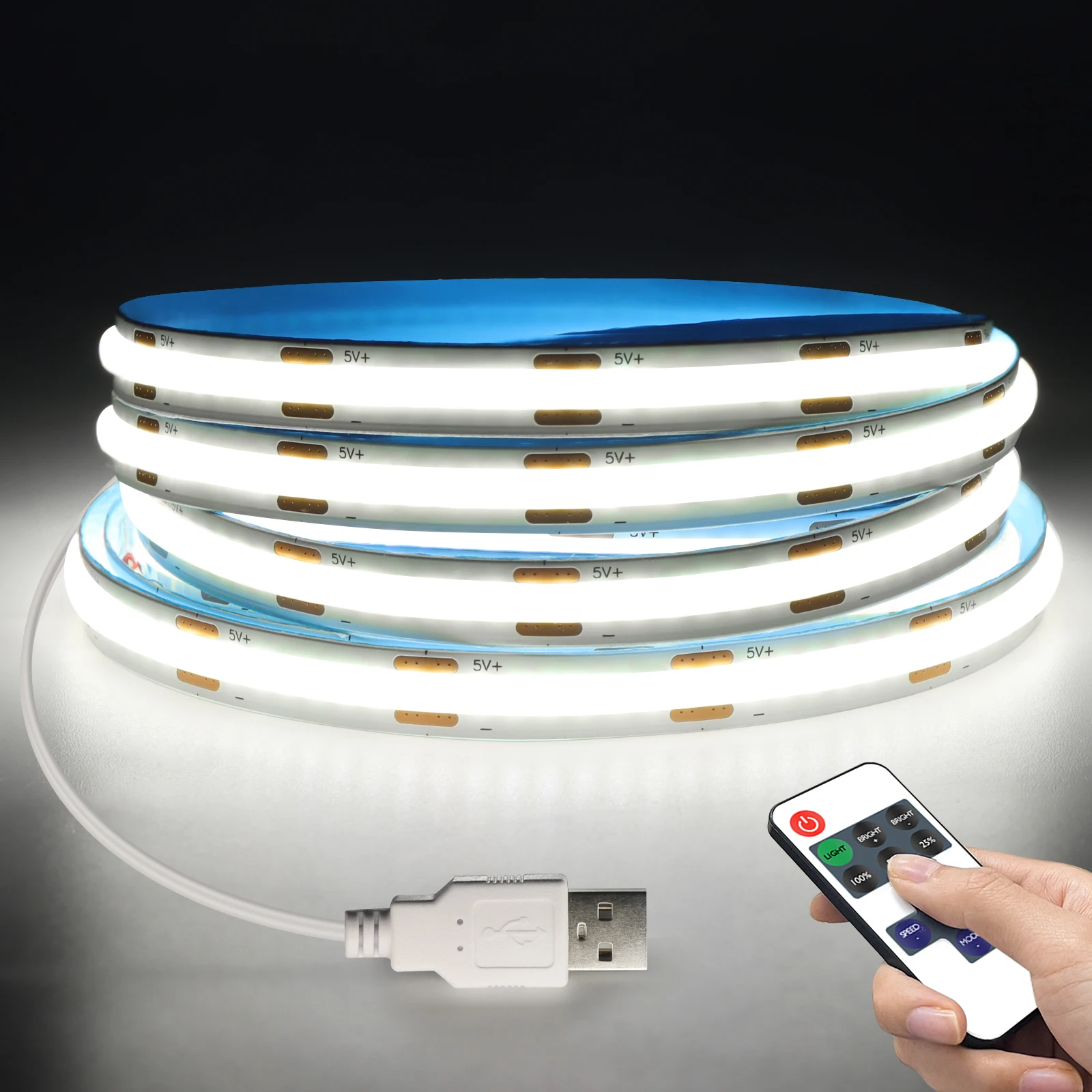 kf-S694fff7ee2e84d5d8ac790d2189a1923L 1M/2M/3M/5M COB LED Light Strip Wireless RF Remote Control Dimmable 3000K-6500K 320LEDs/M USB LED Tape For TV Mirror Backlight - Image 1