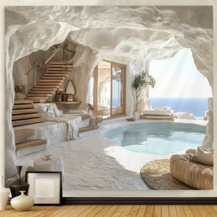 Unique Backdrop Tapestry Wall Hanging Realistic Ancient Greek Cave House with White Stone & Wood Wall Decor Outdoor Banner
