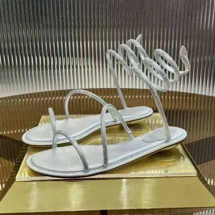 2025 Women Summer Gladiator Sandals Luxurious Flats Twine Around Ankle Strap Wedding Beach Holiday Rhinestone Dress Shoes