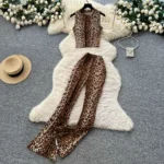 Women Pant Set Two Piece Sets Leopard Print Wrap Hip Round Neck Sleeveless Sexy Short Tops Long Pants High Waist Y2k Streetwear