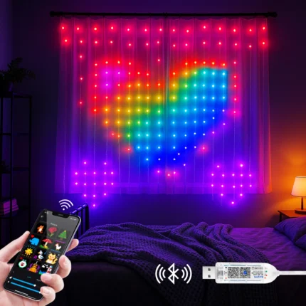 Smart BT APP DIY Text Anime Pattern Display RGBIC Fairy LED Curtain Light String Music Sync Valentine's Day/Birthday/Party Decor