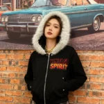 Fashionable Letter Graffiti Warm with Fur Collar White Hooded Cardigan for Winter Vintage Popular Simple New Zip Up Jackets - Image 4