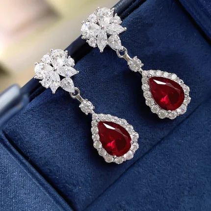 Huitan Bright Red CZ Dangle Earrings for Women Aesthetic Flower Design Bridal Wedding Earrings Anniversary Gift Trendy Jewelry
