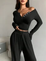 New 2025 Women's Winter and Spring Solid Color Sports Set Long Sleeve T-shirt Bottom Shirt Wide Leg Pants Long Pants Two Piece - Image 3