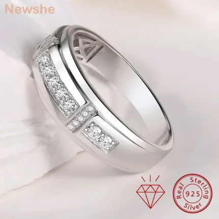 Newshe Elegant Mens Wedding Band 925 Sterling Silver Moissanite Rings for Him Half Eternity Round Engagement Ring