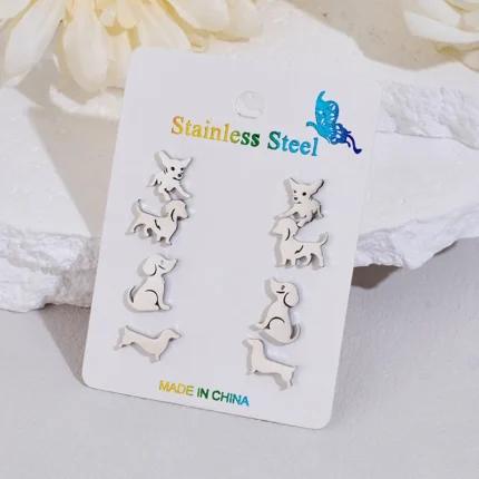 4Pairs/Lot Multiple Stainless Steel Dog Stud Earrings Set for Girls Party Gift Cartoon Sausage Dog Corgi Earing Everyday Jewelry
