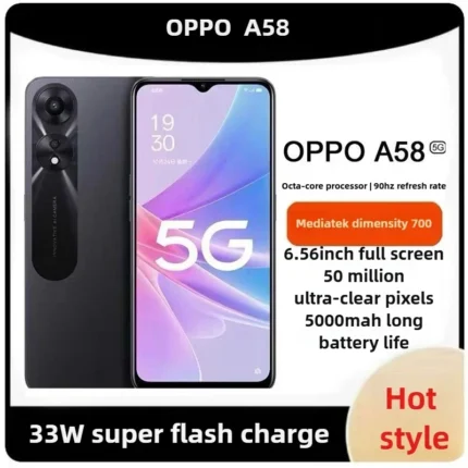 OPPO A58 5G Smartphone 50MP Dual Rear Camera 5000mAh Battery 33W Fast Charge 6.56" HD+ 90Hz Display Android 12 Side Fingerprint