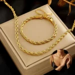 2PCS Gold Color Stainless Steel Necklace Bracelet Set, Elegant And Simple Design, Ladies Couple Holiday Party Accessories