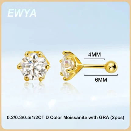 EWYA 0.2/0.5/2ct D Color Moissanite Screw Stud Earrings for Women Men Silver 925 Plated 18K Pass Diamond Test 6 Prong Earring