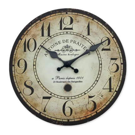 Retro“ Antoine De Praiteon a Paris Dehuis1801” Pattern Wooden Wall Clock Living Room Bedroom Kitchen Home Decoration Wall Clock Silent Quartz Clock Holiday Gift 10 Inches 12 Inches 14 Inches 16inch (Without Battery)