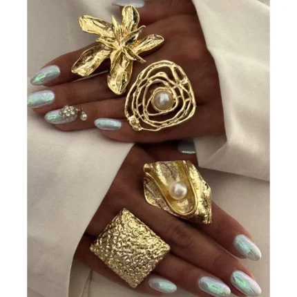 4pcs Chunky Vintage Geometric Wave Textured Faux Pearl Ring Set Fashion Metal Jewelry For Women Holiday Party Date Gift Casual