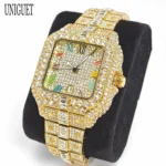 UNIGUET Luxury Diamond Quartz Watch for Men Rainbow Dial Calendar Hip Hop Iced Out Gold Wristwatch Mens Fashion Accessory 2025 - Image 4