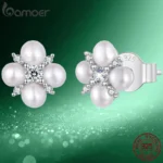 BAMOER Four-leaf Clover Moissanite Earrings, Natural Freshwater Pearls Round Cut Lab Created Diamond Wedding Stud Earrings S925