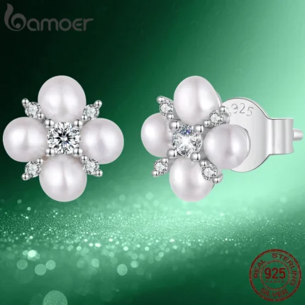 BAMOER Four-leaf Clover Moissanite Earrings, Natural Freshwater Pearls Round Cut Lab Created Diamond Wedding Stud Earrings S925