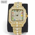 UNIGUET Luxury Diamond Quartz Watch for Men Rainbow Dial Calendar Hip Hop Iced Out Gold Wristwatch Mens Fashion Accessory 2025 - Image 3