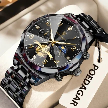POEDAGAR Luxury High Quality Man Wristwatch Chronograph Stainless Steel Quartz Men's Watches Waterproof Luminous Men Clock Reloj