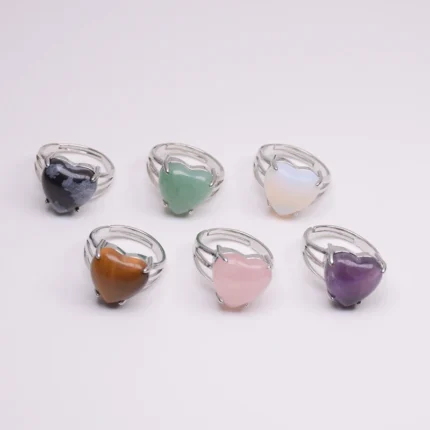 Heart Gems Stone Adjustable Rings Reiki Healing Amethysts Rose Quartzs Opalite Aventurine Girl Women Jewelry Dropshipping