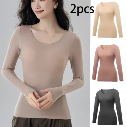 2pcs Women Thermal Underwear Long-sleeved T-shirt Basic Pullover Autumn Winter Ladies Elastic Tights Bottoming Shirt Warmer Top