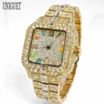 UNIGUET Luxury Diamond Quartz Watch for Men Rainbow Dial Calendar Hip Hop Iced Out Gold Wristwatch Mens Fashion Accessory 2025