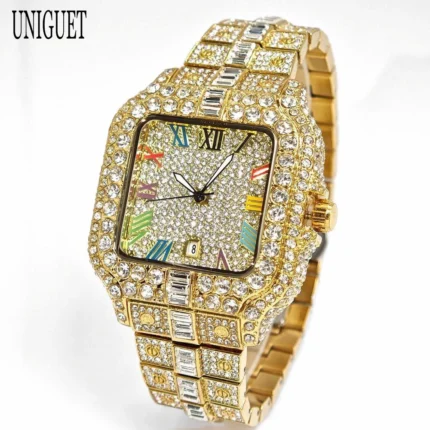 UNIGUET Luxury Diamond Quartz Watch for Men Rainbow Dial Calendar Hip Hop Iced Out Gold Wristwatch Mens Fashion Accessory 2025