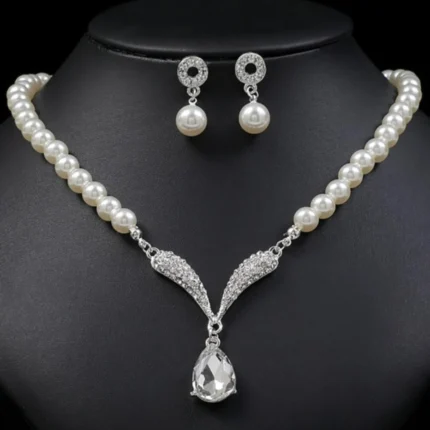 3PC Women's Fashion Trend Pearl Droplet Necklace Earrings Jewelry Set Wedding Banquet Party Festival Gift