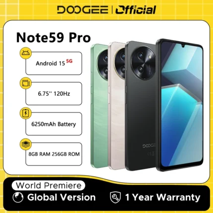 Global Version DOOGEE Note59 Pro 5G Smartphone Android 15 Mobile Phone 8GB RAM 256GB ROM 6.75" HD+ 6250mAh Battery NFC Cellphone