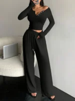 New 2025 Women's Winter and Spring Solid Color Sports Set Long Sleeve T-shirt Bottom Shirt Wide Leg Pants Long Pants Two Piece - Image 2