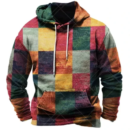 New Retro men's Hoodie 3d Plaid Printed Color Hoodie Sweatshirt Long Sleeve Pullover Street Men Casual Loose Top Comfortable