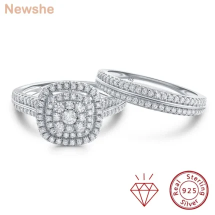 Newshe 2Pcs Certified Moissanite Wedding Rings for Women Solid 925 Sterling Silver Brilliant Round Engagement Ring Bridal Set