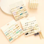 30 Pairs Flowers Small Stud Earrings Sets For Women Girl Geometric Purple Heart Bow knot Ear Jewelry Fashion 2024 New Daily Wear