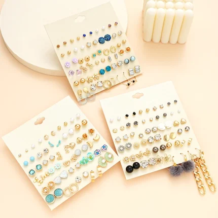 30 Pairs Flowers Small Stud Earrings Sets For Women Girl Geometric Purple Heart Bow knot Ear Jewelry Fashion 2024 New Daily Wear