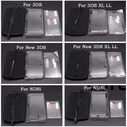 For PSP New 3DS XL NDSI Carrying Storage Bag Pouch Case with Wrist Lanyard Transparent Hard Cover Shell & Screen Protective Film