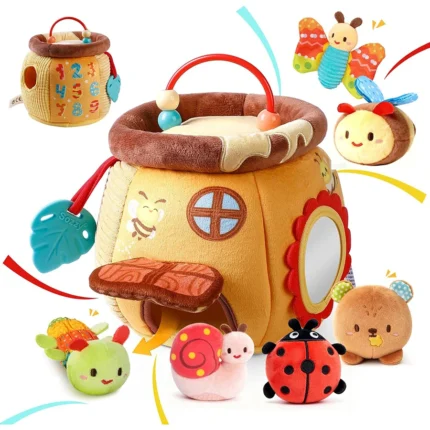 Baby Toys 6-12 Months,Bee House with Stuffed Farm Animals for Toddlers 1-3 Baby Plush Beehive wtih Rattles Squeaker Mirror