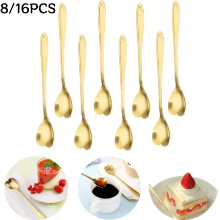 8/16Pcs Stainless Steel Heart Shape Coffee Spoons Gold Scoop for Dessert Tea Accessories Kitchen Tableware Decoration Gifts Set