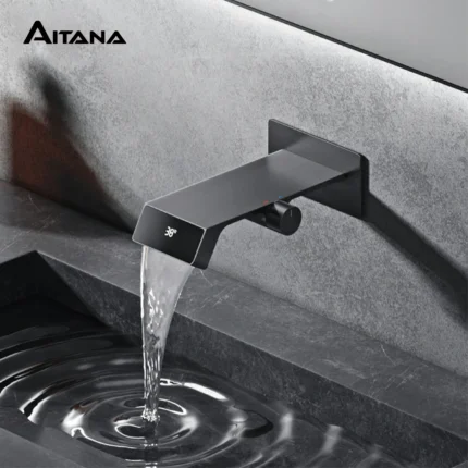 Luxury gun gray brass bathroom faucet LED digital display design, hot and cold water in wall type single handle basin faucet