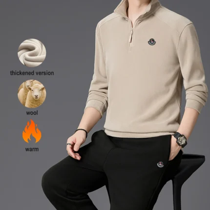 Winter Men's Classic Solid Sweatshirts Quarter Zip Wool Pullover Daily Outdoor Sporty Long-sleeved Male Tops