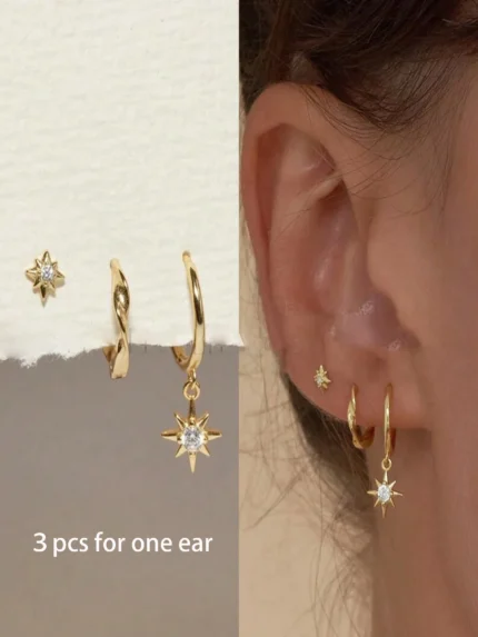 Golden Star Flower Bow Hoop Earrings Set for Women Crystal Helix Tragus Cartilage Huggie Earrings Piercing Jewelry
