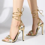 Liyke Sexy Ankle Strap Golded Sandals Women Party Nightclub Stripper Heels High Quality Crystal Diamond Pointed Toe Wedding Shoe - Image 3