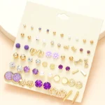 30 Pairs Flowers Small Stud Earrings Sets For Women Girl Geometric Purple Heart Bow knot Ear Jewelry Fashion 2024 New Daily Wear - Image 6