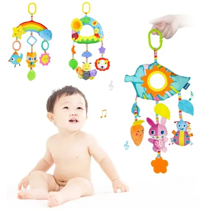 Baby Car Seat Stroller Toys Hanging Plush Crib Colorful Bell Soft Baby Sensory Rattles with Teether for Babies 0-12 Months Gift