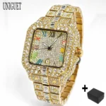 UNIGUET Luxury Diamond Quartz Watch for Men Rainbow Dial Calendar Hip Hop Iced Out Gold Wristwatch Mens Fashion Accessory 2025 - Image 6