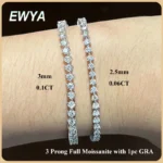 EWYA 3 Claw 2.5/3mm Full D Color Moissanite Diamond Tennis Bracelet Hidden Buckle for Women Man 925 Silver Link Chain Bracelets