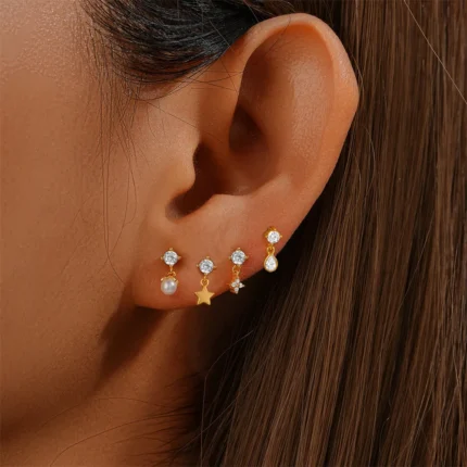 1PC Stainless Steel Stars Flower CZ Pendant Studs Earrings For Women 18K Gold Flat Back Puncture Ear Bone Helix Ins Fine Jewelry