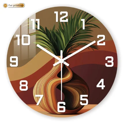 Abstract Twisted Vase with Green Plant Wall Clock, Modern Interior Decor, Silent Quartz Movement Decorative Design