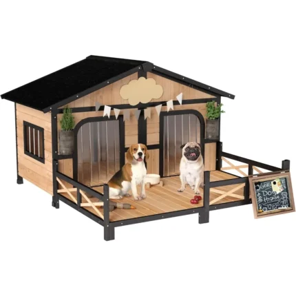 For Wooden Large Dog House Outdoor Double XL Dog Kennel with Elevated Floor and Porch, Weatherproof Puppy Shelter for Small and