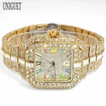 UNIGUET Luxury Diamond Quartz Watch for Men Rainbow Dial Calendar Hip Hop Iced Out Gold Wristwatch Mens Fashion Accessory 2025 - Image 2