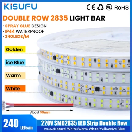 10m 20m SMD2835 LED Strip AC220V 240V Yellow Ice Blue White Warm Flexible Self Adhesive Double Row Tape Ribbon Home Lighting
